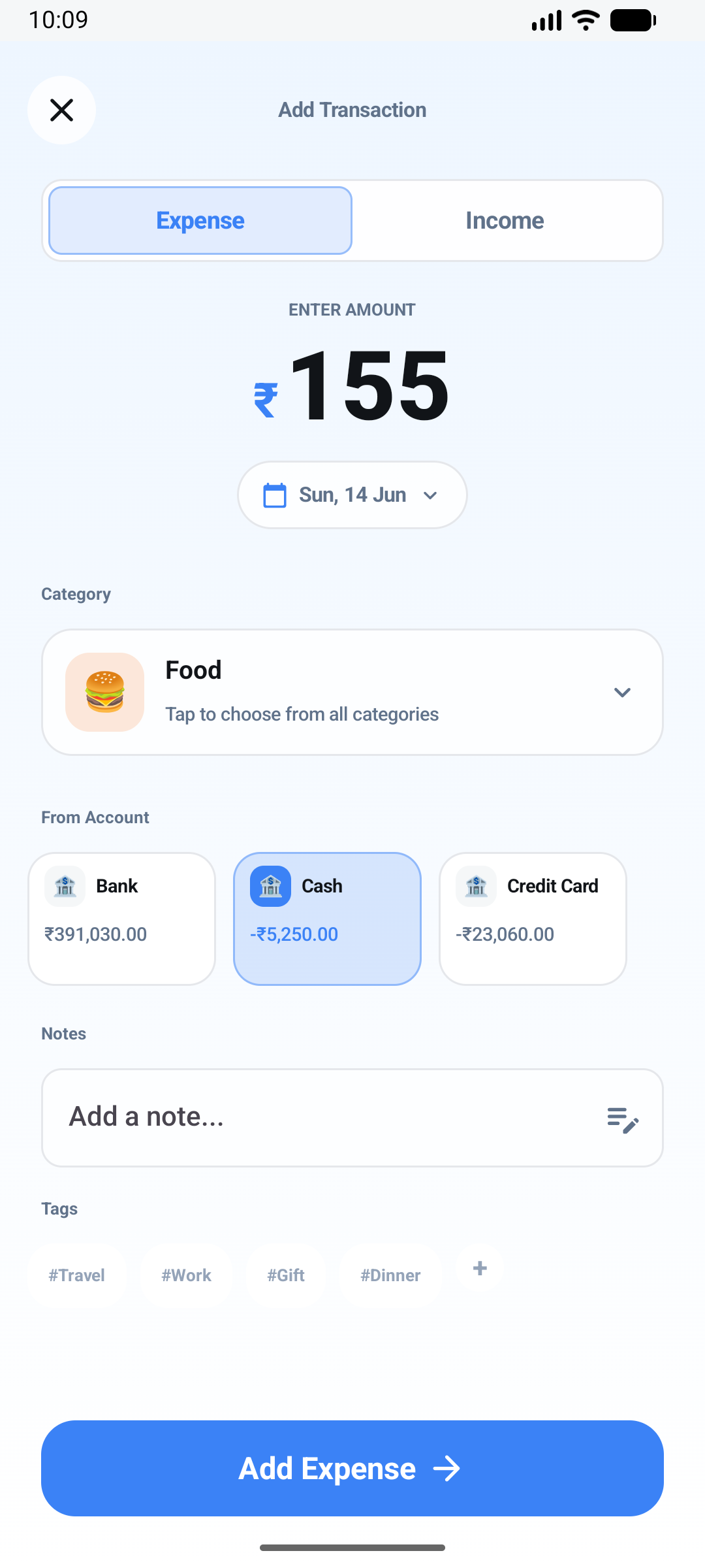 Add expense transaction screen