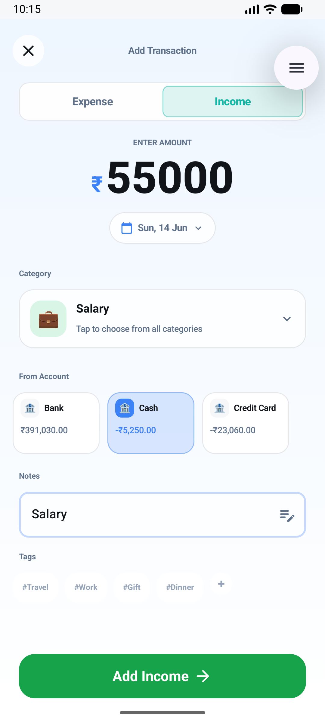 Add income transaction screen