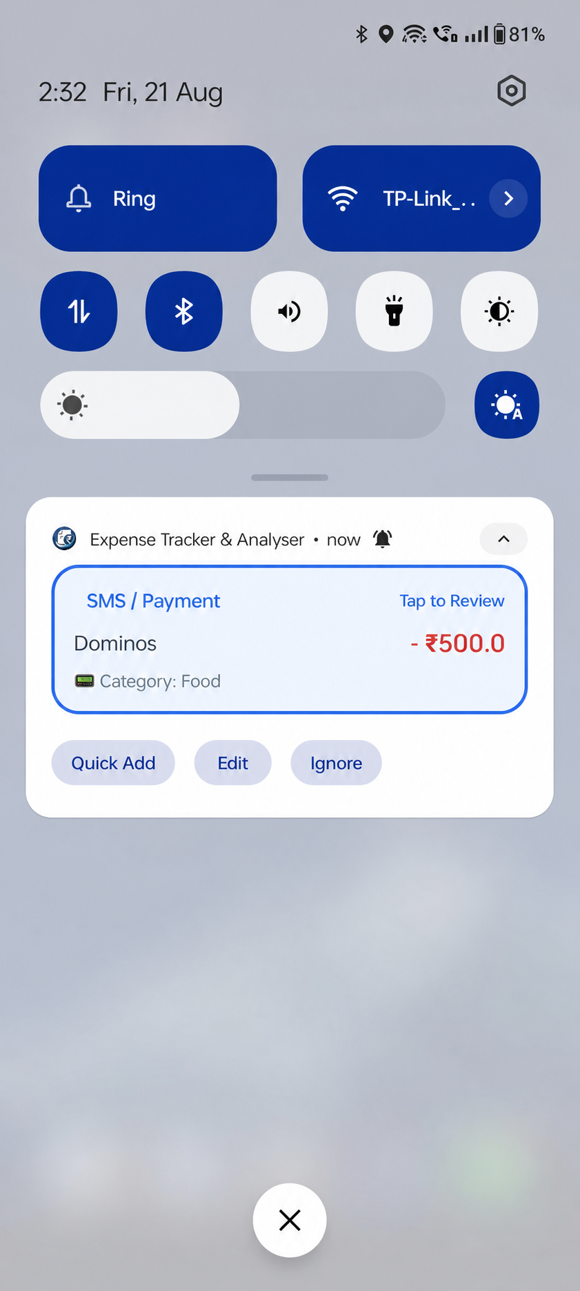 Automatic food expense detection notification with Quick Add, Edit, and Ignore actions
